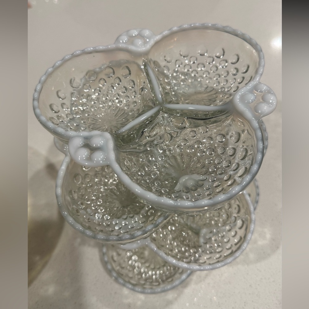 Fenton Moonstone Hobnail 3-Part Opalescent Candy/Relish Dish Milk glass SET OPAL